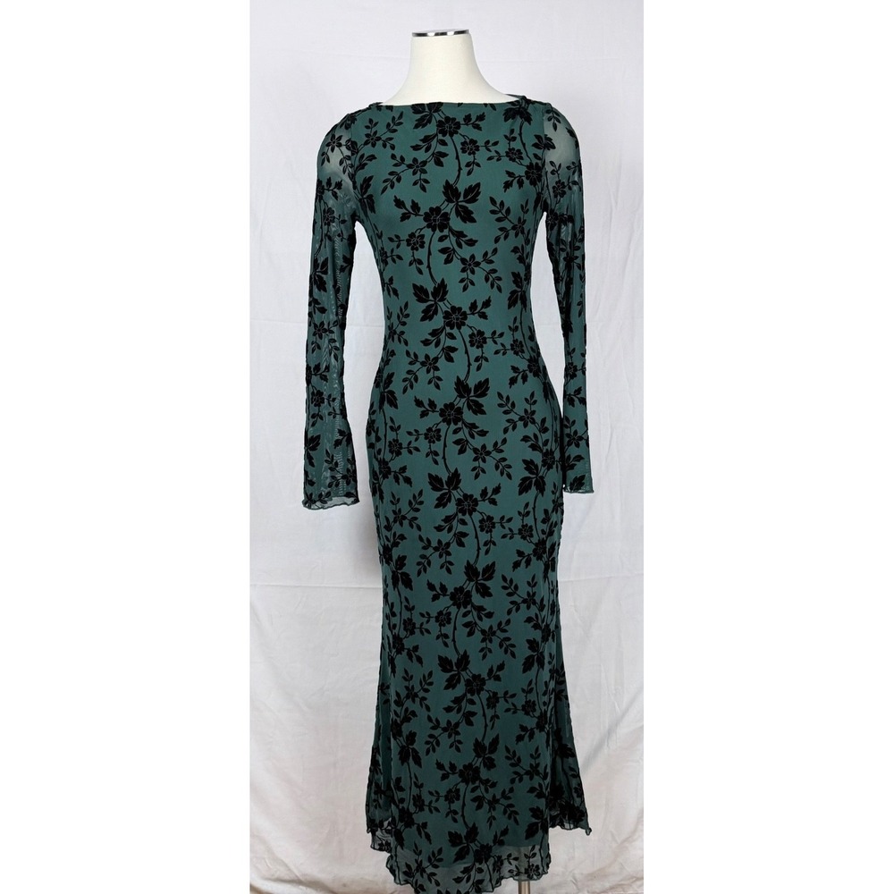 Pretty Garden Maxi Dress S Green Velvet Burnout Long Bell Sleeve Whimsigoth - Picture 1 of 14